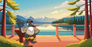 Cartoon goose mascot with a tool belt on a wooden deck, overlooking a lake and mountains, representing premier deck builders in Kootenai County