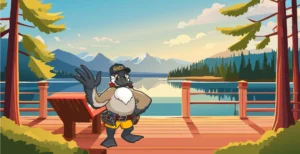 Cartoon goose mascot with a tool belt on a wooden deck, overlooking a lake and mountains, representing premier deck builders in Kootenai County